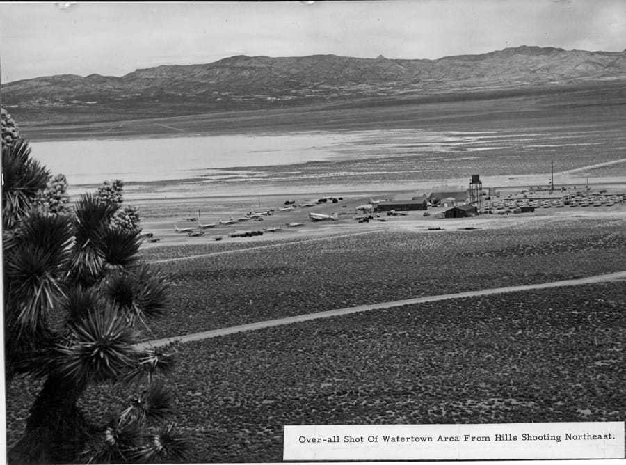 A black and white photograph of Groom Lake, a dry lakebed near Las Vegas, Nevada.